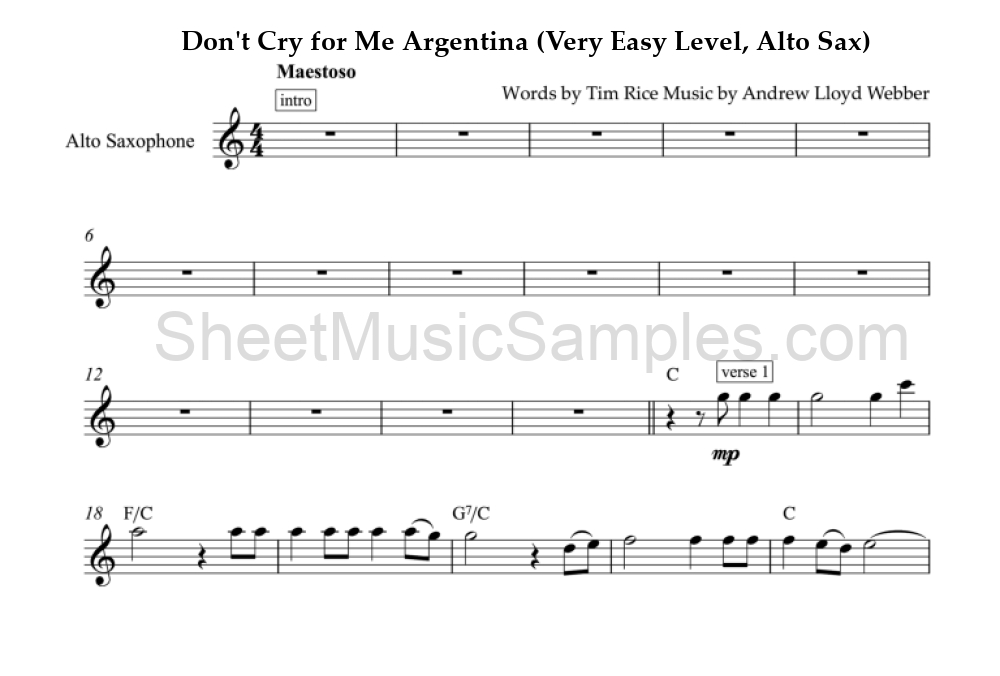 Don't Cry for Me Argentina (Very Easy Level, Alto Sax)