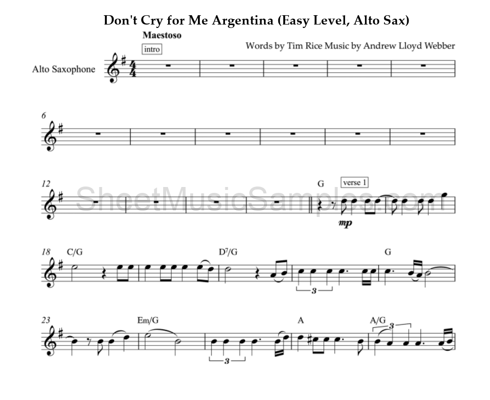 Don't Cry for Me Argentina (Easy Level, Alto Sax)