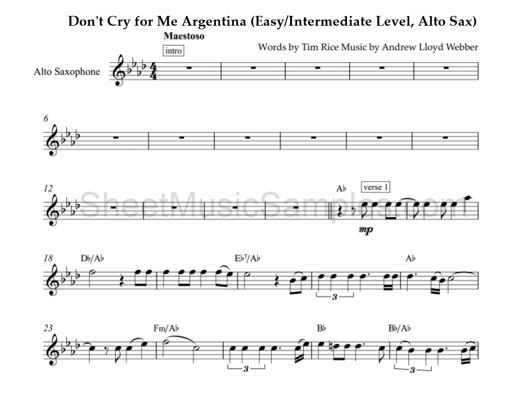 Don't Cry for Me Argentina (Easy/Intermediate Level, Alto Sax)