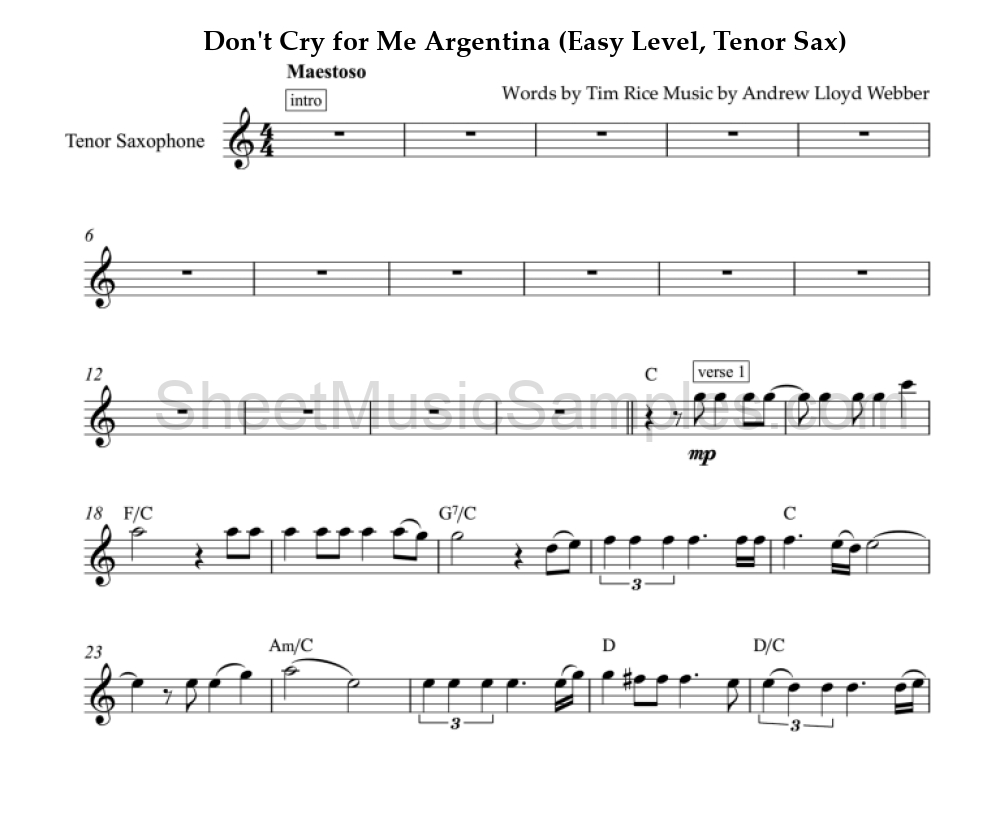 Don't Cry for Me Argentina (Easy Level, Tenor Sax)