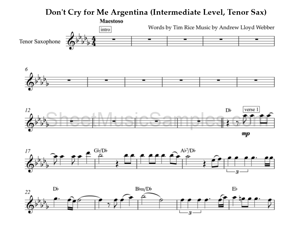 Don't Cry for Me Argentina (Intermediate Level, Tenor Sax)