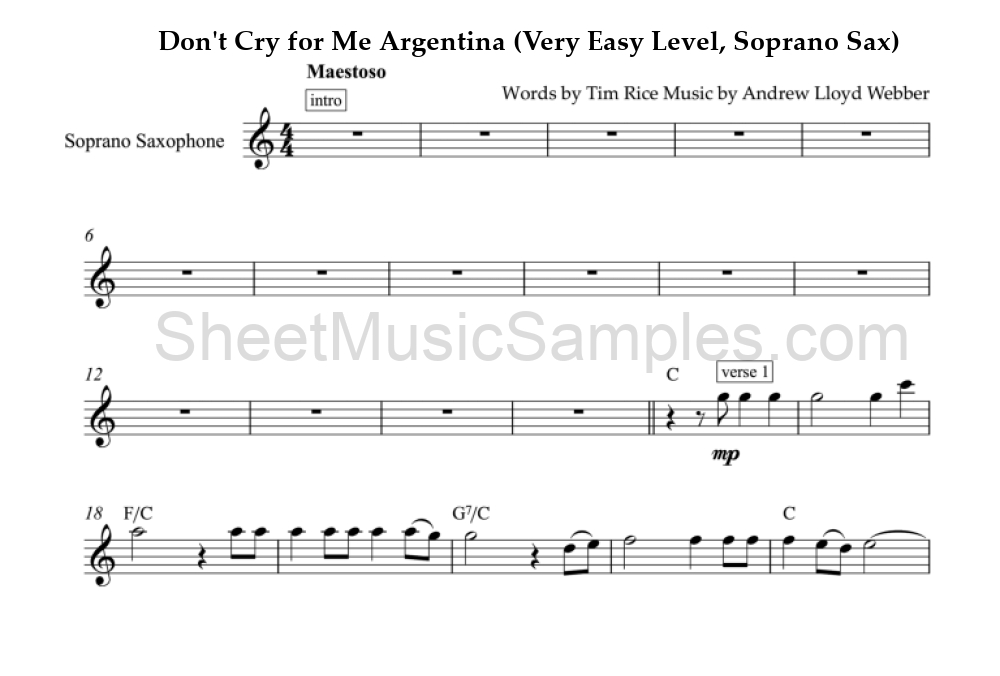 Don't Cry for Me Argentina (Very Easy Level, Soprano Sax)