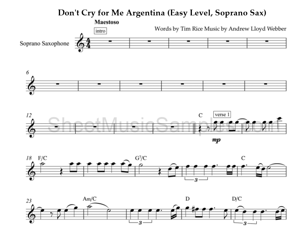 Don't Cry for Me Argentina (Easy Level, Soprano Sax)