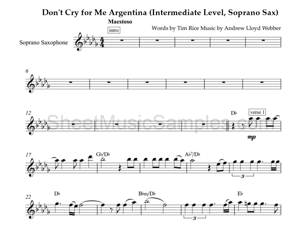 Don't Cry for Me Argentina (Intermediate Level, Soprano Sax)