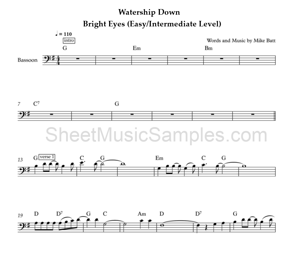 Watership Down - Bright Eyes (Easy/Intermediate Level)