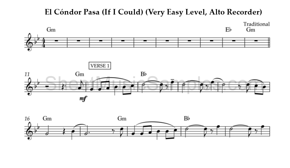 El Cóndor Pasa (If I Could) (Very Easy Level, Alto Recorder)