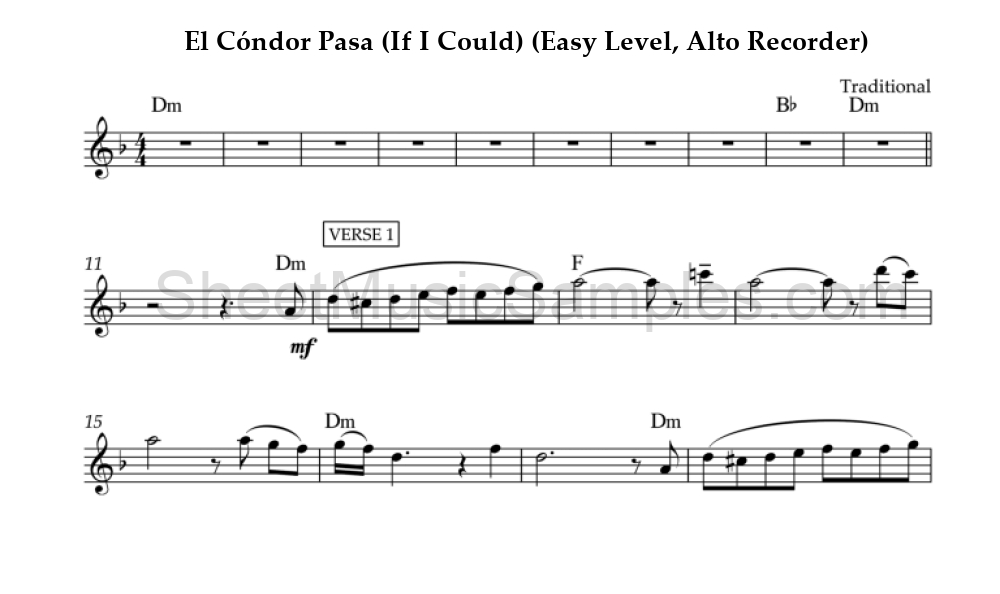 El Cóndor Pasa (If I Could) (Easy Level, Alto Recorder)