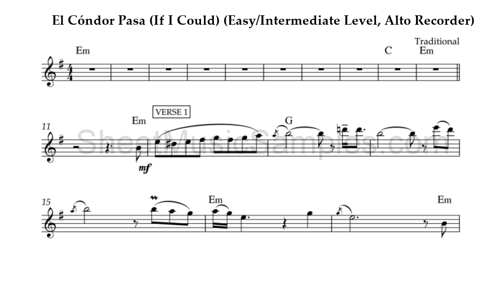 El Cóndor Pasa (If I Could) (Easy/Intermediate Level, Alto Recorder)