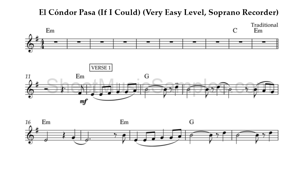 El Cóndor Pasa (If I Could) (Very Easy Level, Soprano Recorder)