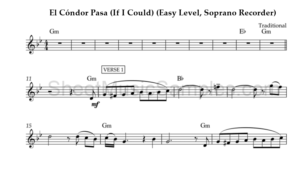 El Cóndor Pasa (If I Could) (Easy Level, Soprano Recorder)