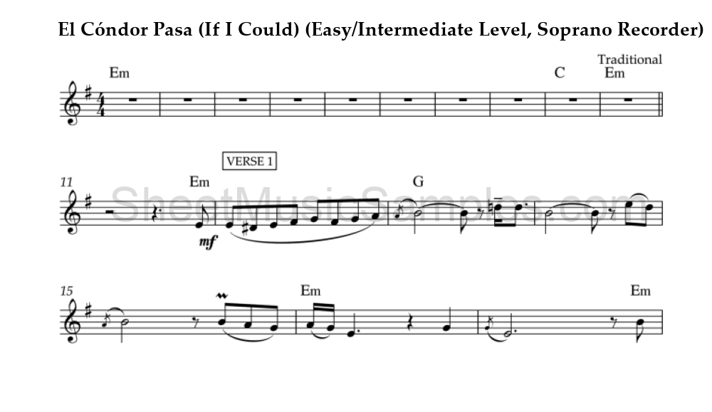 El Cóndor Pasa (If I Could) (Easy/Intermediate Level, Soprano Recorder)