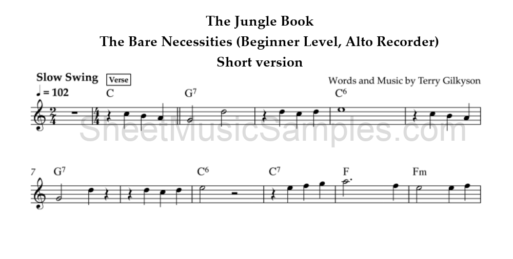 The Jungle Book - The Bare Necessities (Beginner Level, Alto Recorder) - Short version