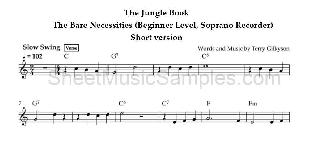 The Jungle Book - The Bare Necessities (Beginner Level, Soprano Recorder) - Short version