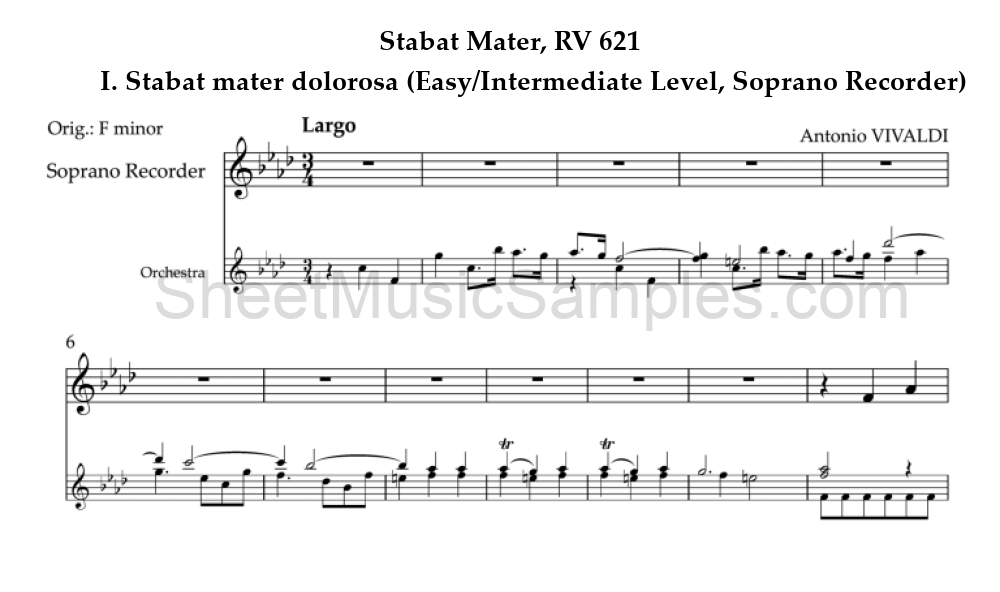 Stabat Mater, RV 621 - I. Stabat mater dolorosa (Easy/Intermediate Level, Soprano Recorder)