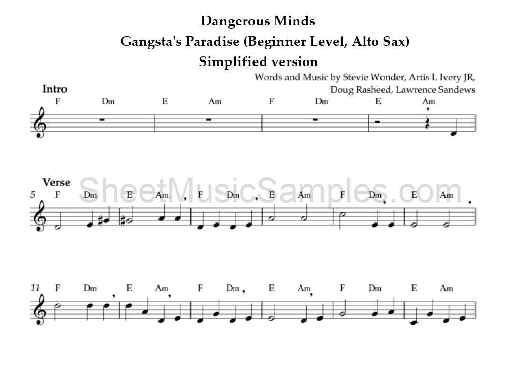 Dangerous Minds - Gangsta's Paradise (Beginner Level, Alto Sax) - Simplified version