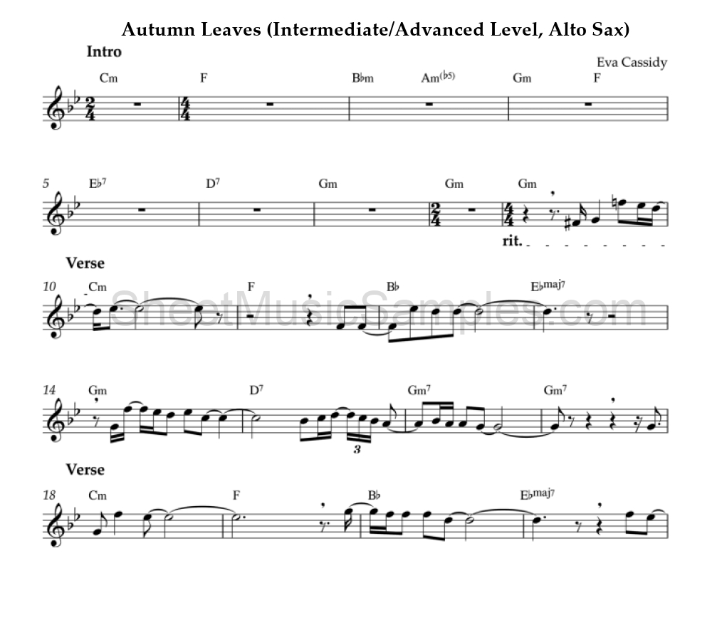 Autumn Leaves (Intermediate/Advanced Level, Alto Sax)