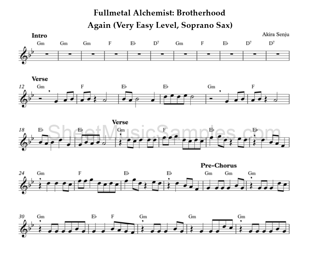 Fullmetal Alchemist: Brotherhood - Again (Very Easy Level, Soprano Sax)