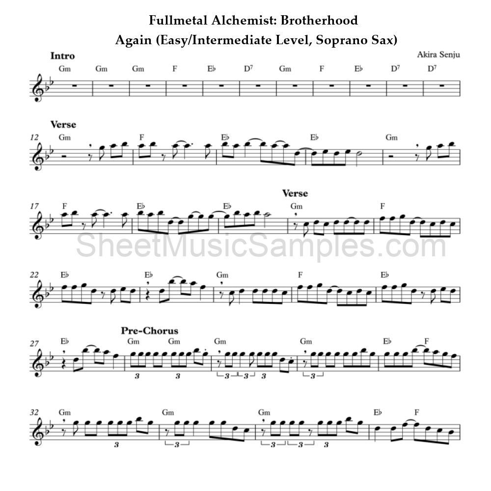 Fullmetal Alchemist: Brotherhood - Again (Easy/Intermediate Level, Soprano Sax)