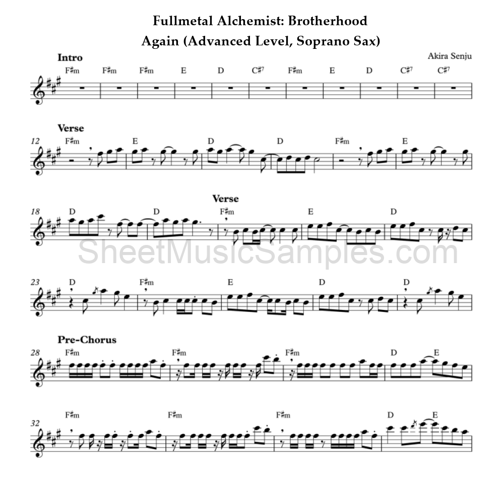 Fullmetal Alchemist: Brotherhood - Again (Advanced Level, Soprano Sax)