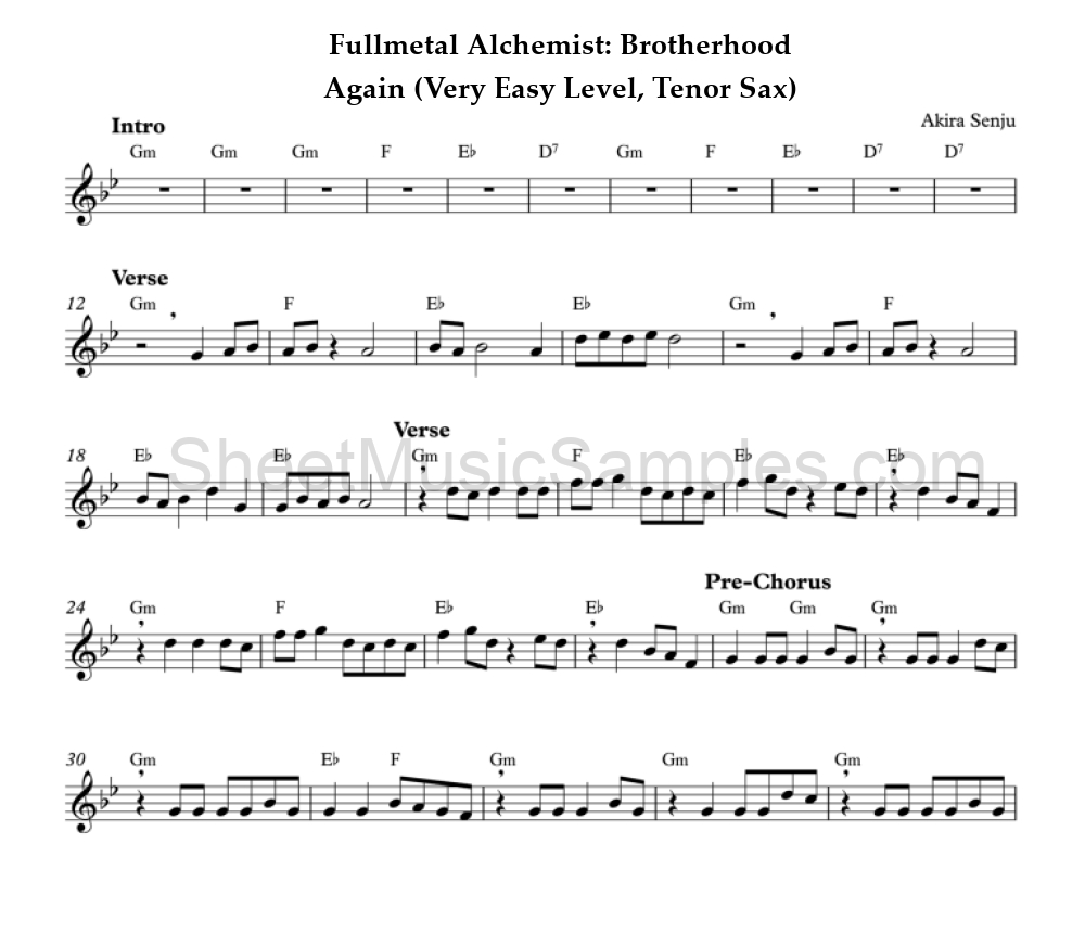 Fullmetal Alchemist: Brotherhood - Again (Very Easy Level, Tenor Sax)