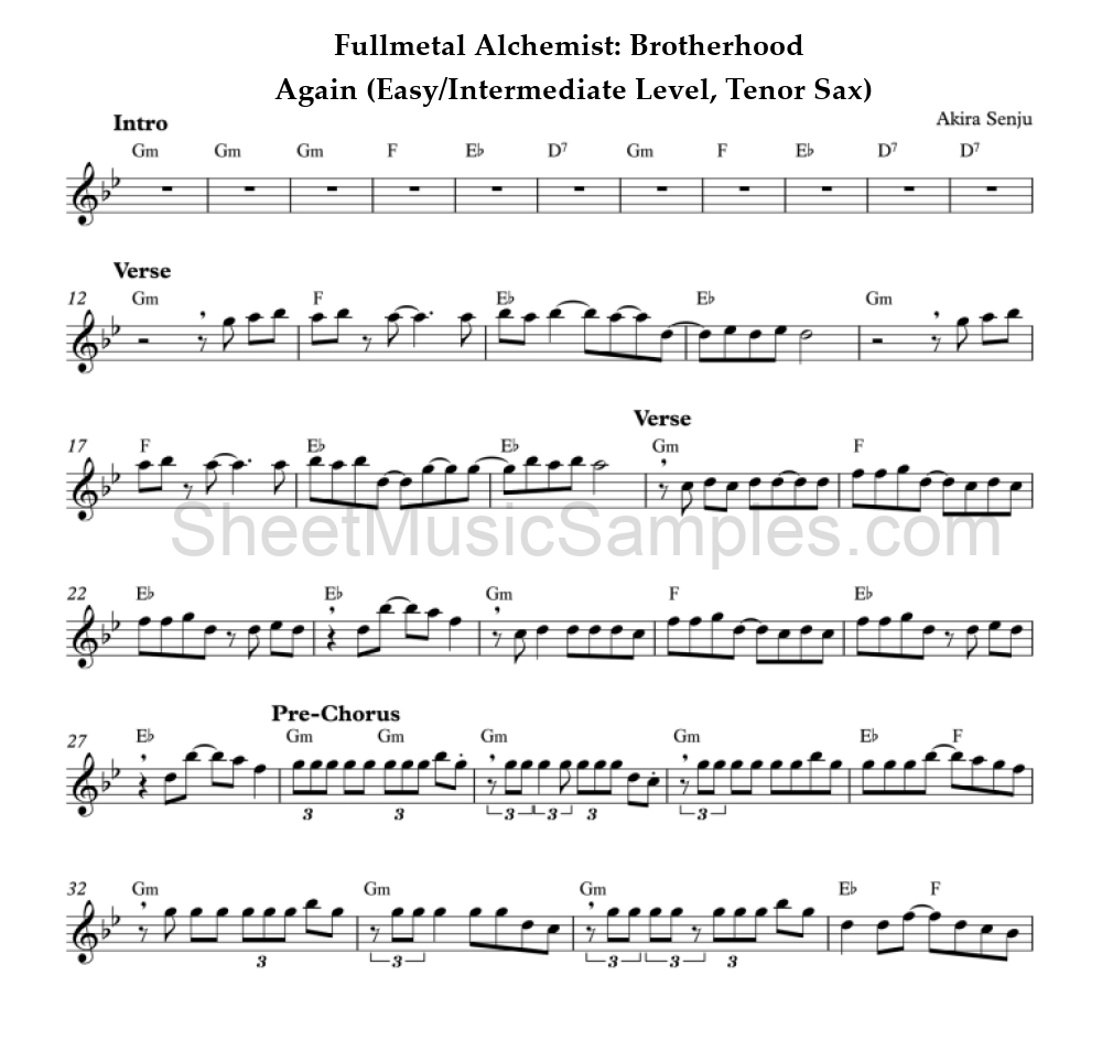 Fullmetal Alchemist: Brotherhood - Again (Easy/Intermediate Level, Tenor Sax)