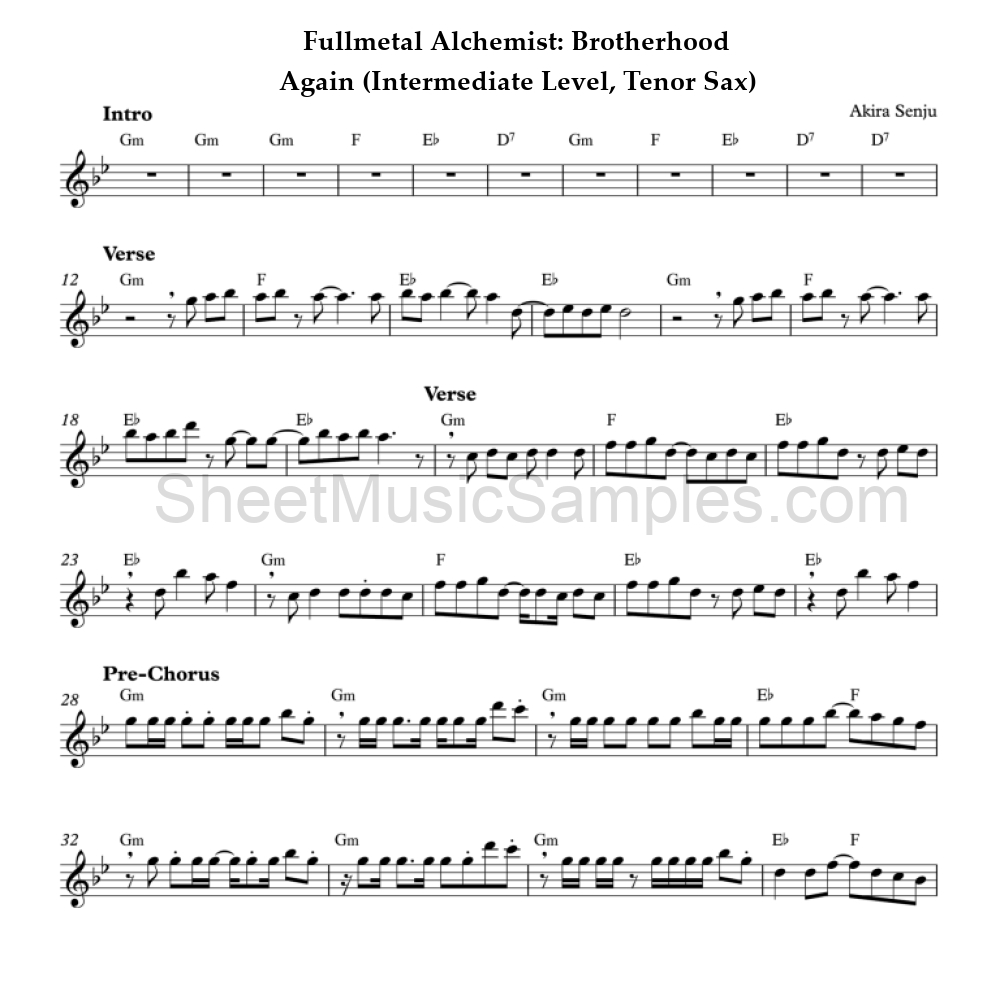 Fullmetal Alchemist: Brotherhood - Again (Intermediate Level, Tenor Sax)