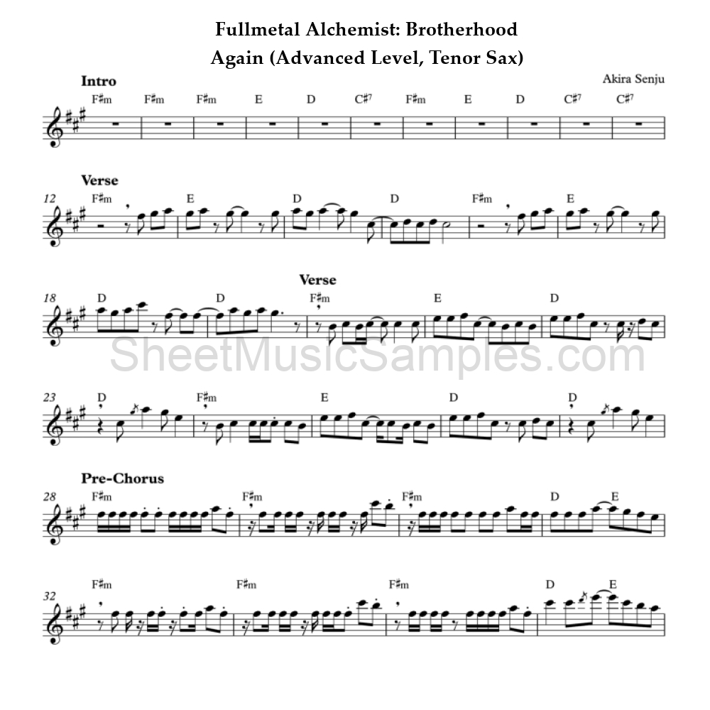 Fullmetal Alchemist: Brotherhood - Again (Advanced Level, Tenor Sax)