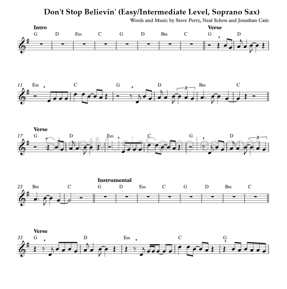 Don't Stop Believin' (Easy/Intermediate Level, Soprano Sax)