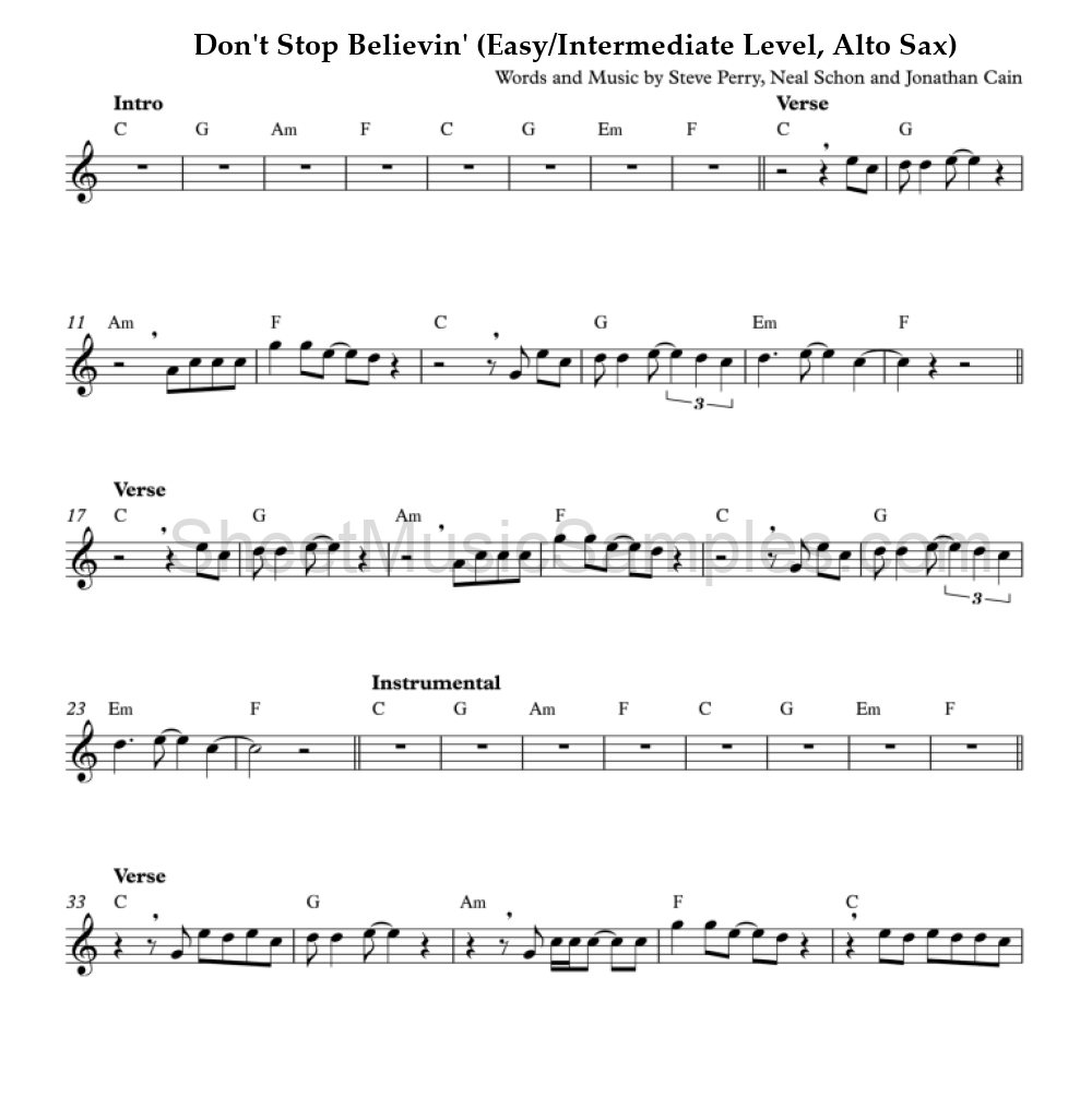 Don't Stop Believin' (Easy/Intermediate Level, Alto Sax)