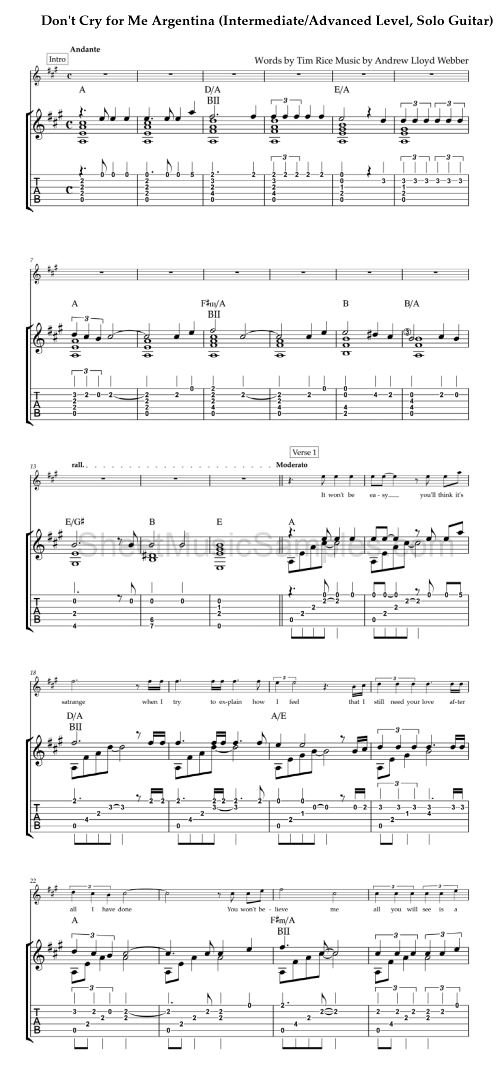 Don't Cry for Me Argentina (Intermediate/Advanced Level, Solo Guitar)