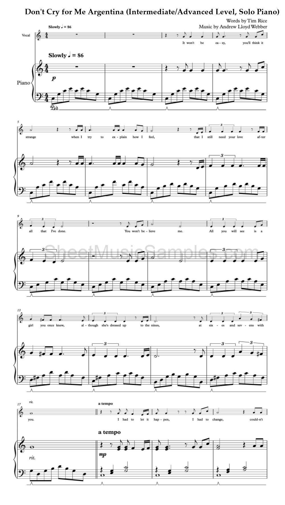 Don't Cry for Me Argentina (Intermediate/Advanced Level, Solo Piano)