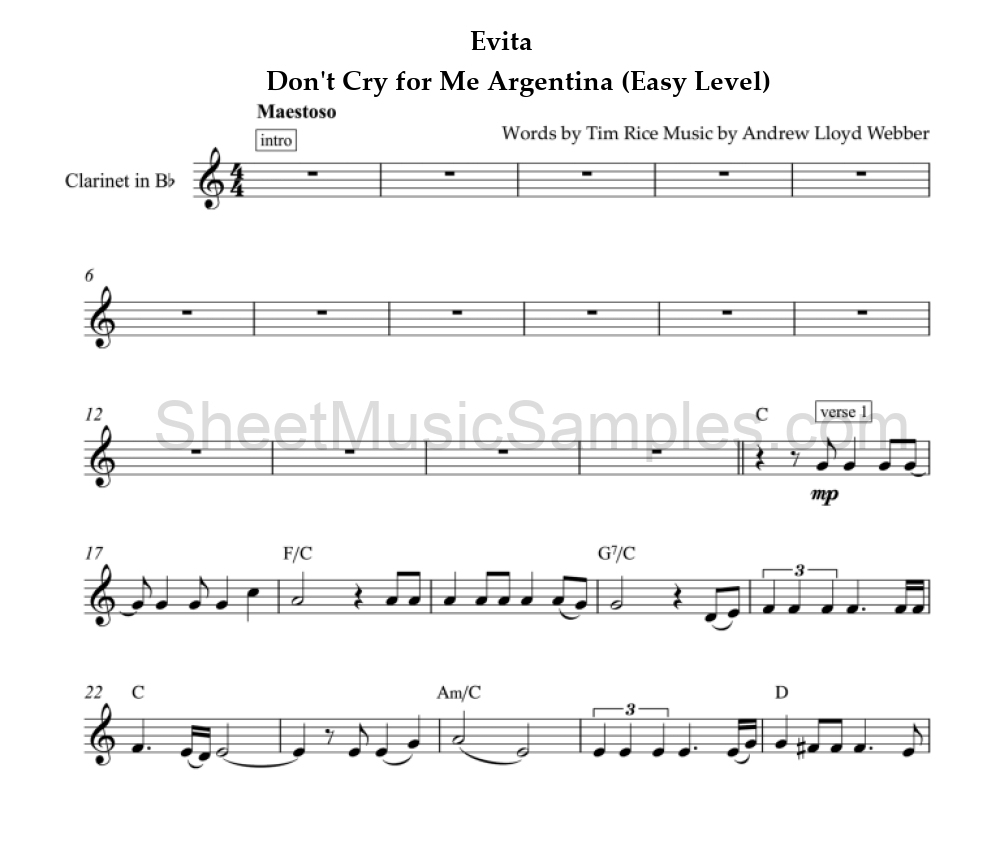 Evita - Don't Cry for Me Argentina (Easy Level)