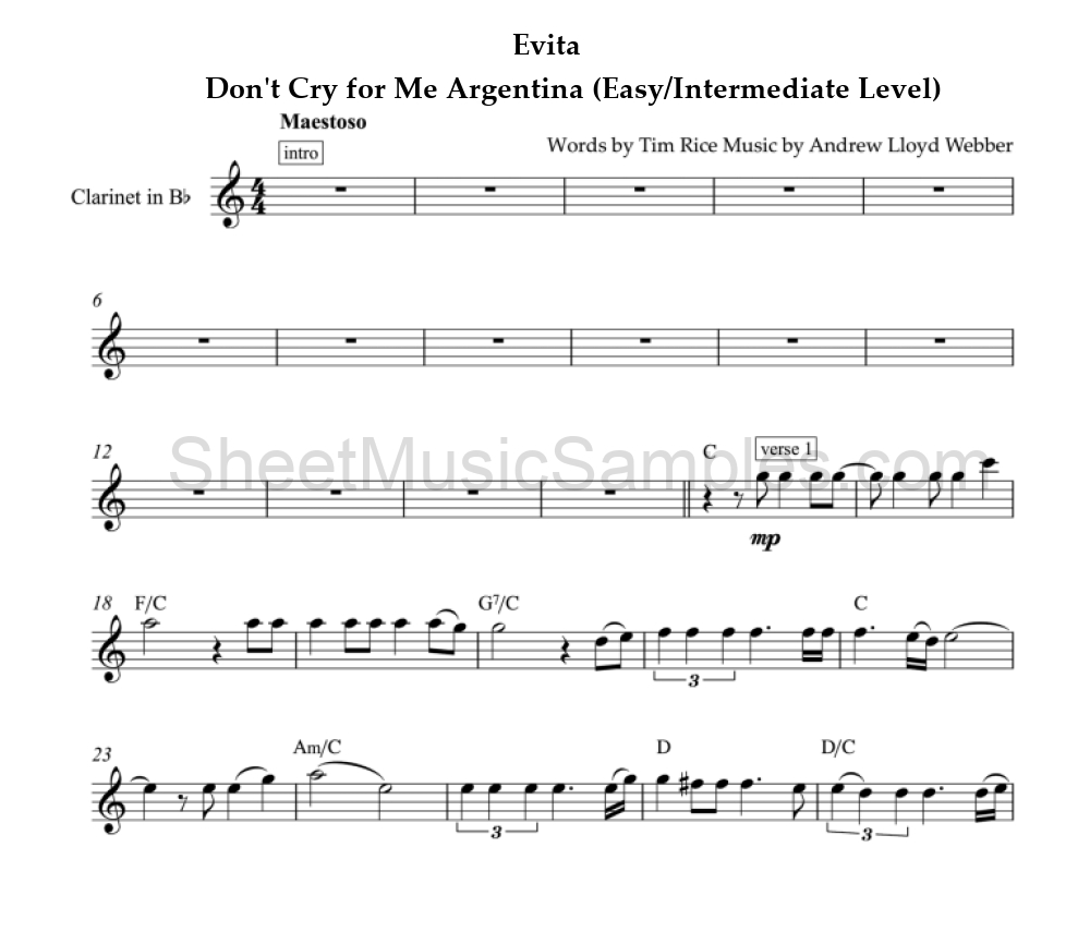 Evita - Don't Cry for Me Argentina (Easy/Intermediate Level)