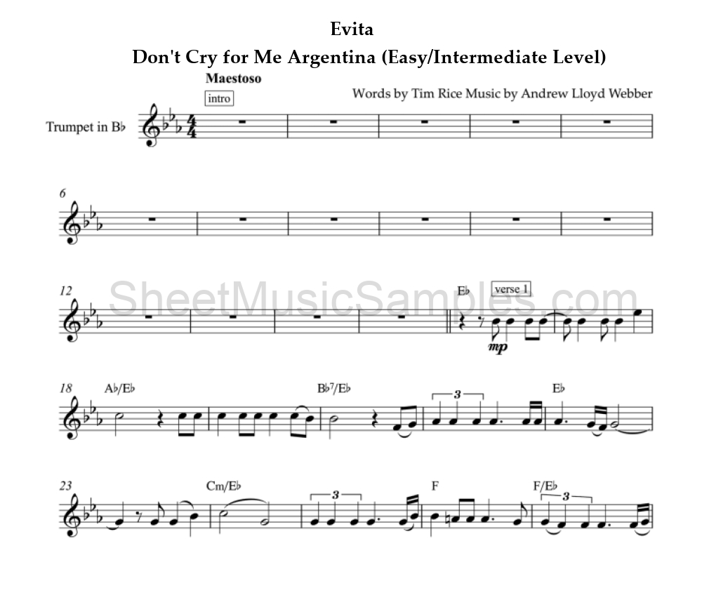 Evita - Don't Cry for Me Argentina (Easy/Intermediate Level)