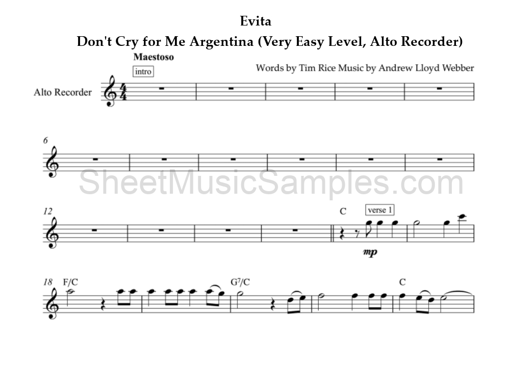 Evita - Don't Cry for Me Argentina (Very Easy Level, Alto Recorder)