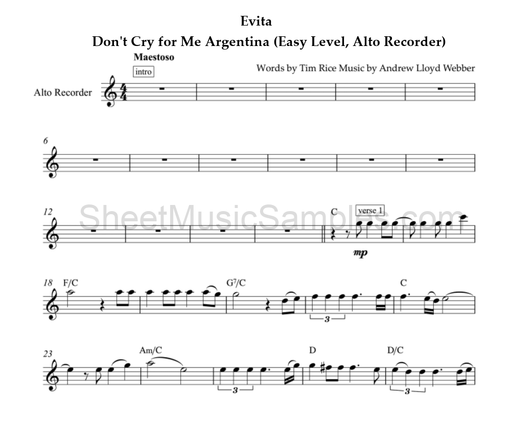 Evita - Don't Cry for Me Argentina (Easy Level, Alto Recorder)