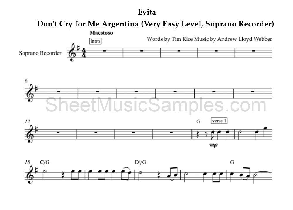 Evita - Don't Cry for Me Argentina (Very Easy Level, Soprano Recorder)