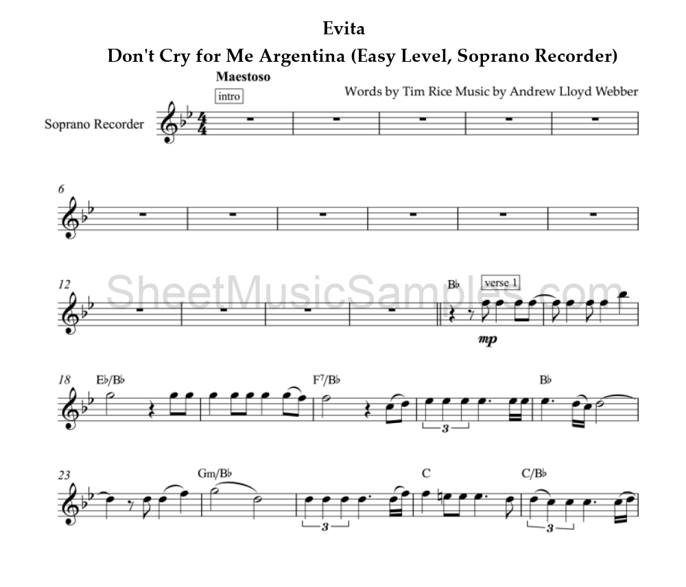 Evita - Don't Cry for Me Argentina (Easy Level, Soprano Recorder)