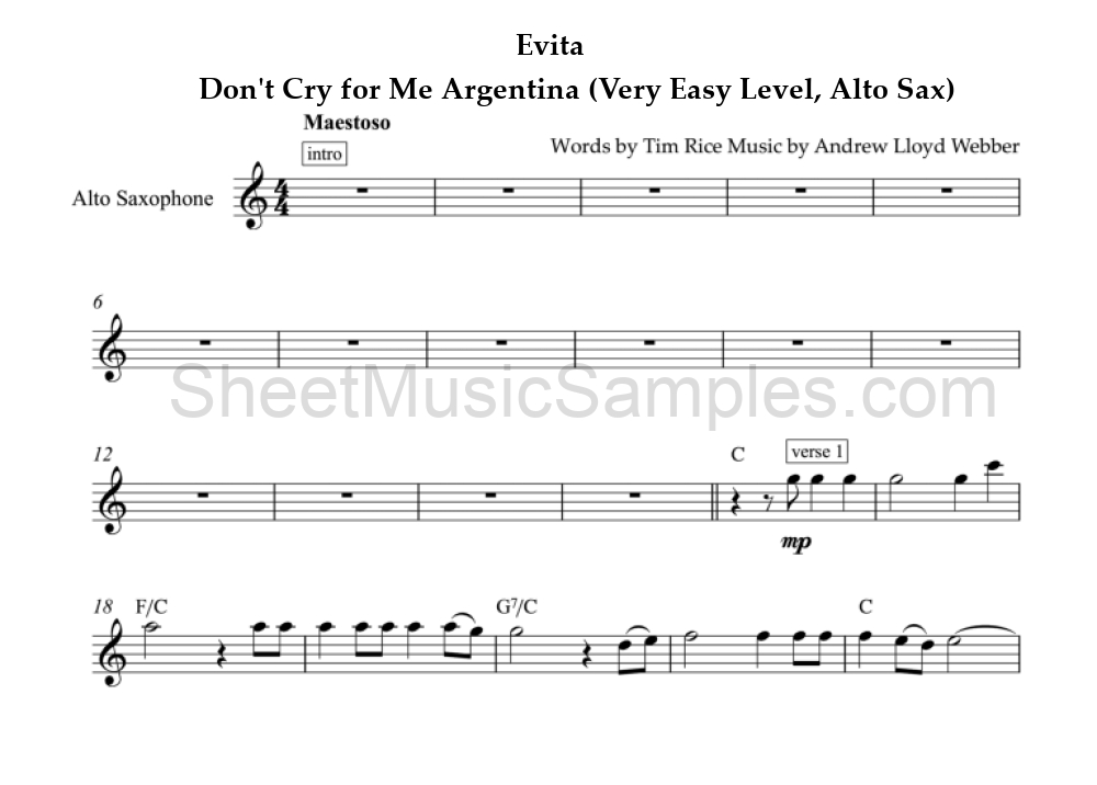 Evita - Don't Cry for Me Argentina (Very Easy Level, Alto Sax)