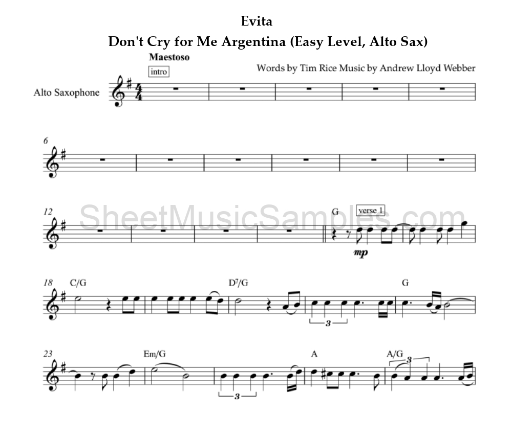 Evita - Don't Cry for Me Argentina (Easy Level, Alto Sax)