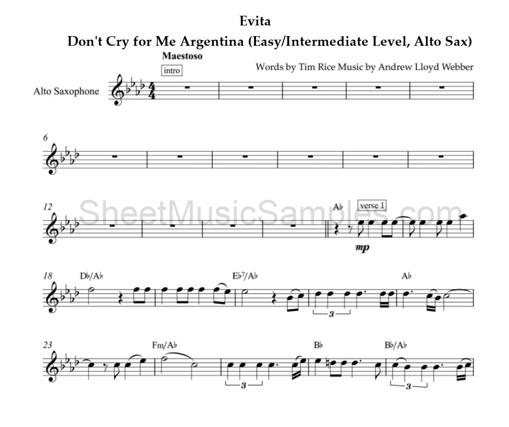 Evita - Don't Cry for Me Argentina (Easy/Intermediate Level, Alto Sax)