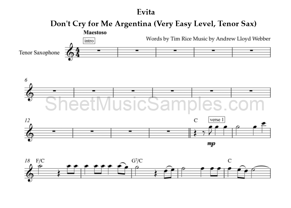 Evita - Don't Cry for Me Argentina (Very Easy Level, Tenor Sax)