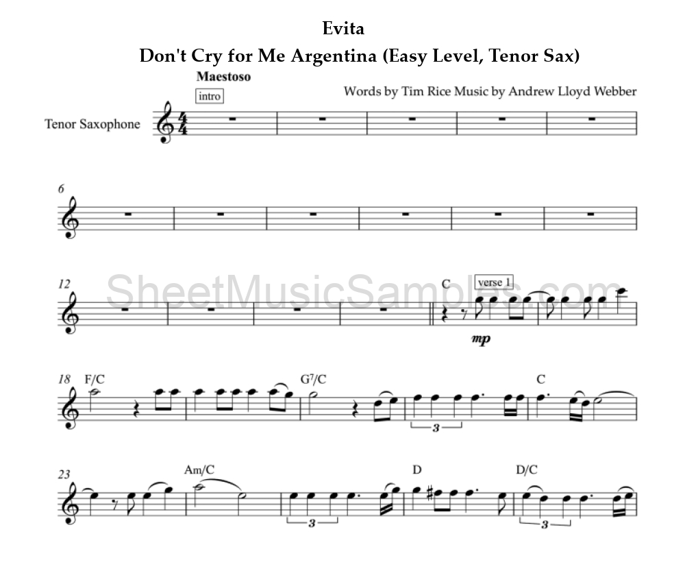 Evita - Don't Cry for Me Argentina (Easy Level, Tenor Sax)