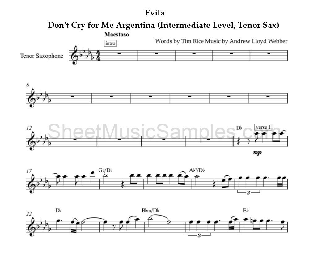 Evita - Don't Cry for Me Argentina (Intermediate Level, Tenor Sax)