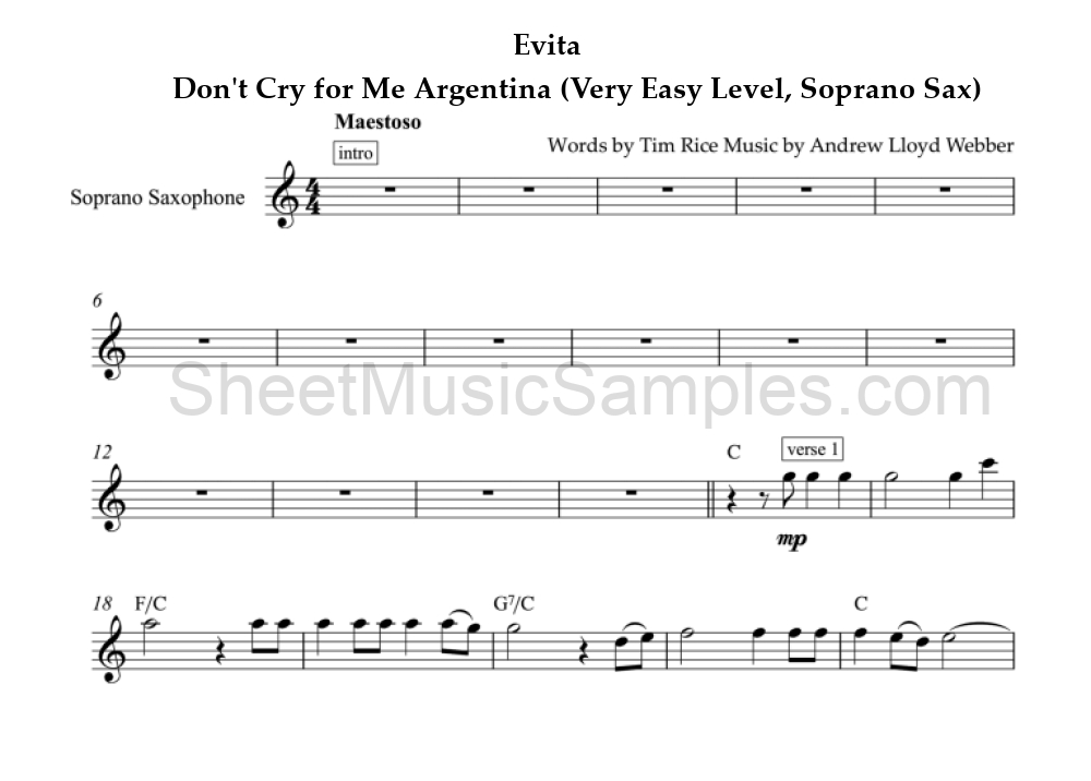 Evita - Don't Cry for Me Argentina (Very Easy Level, Soprano Sax)