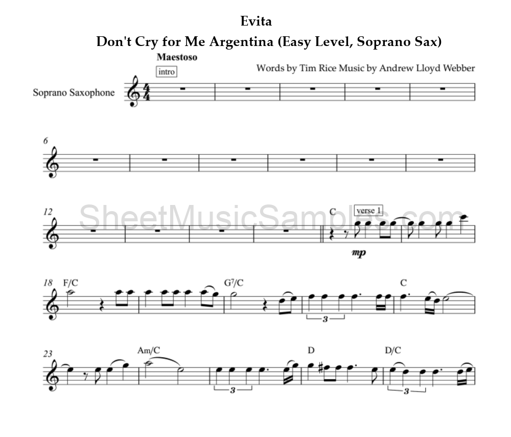 Evita - Don't Cry for Me Argentina (Easy Level, Soprano Sax)