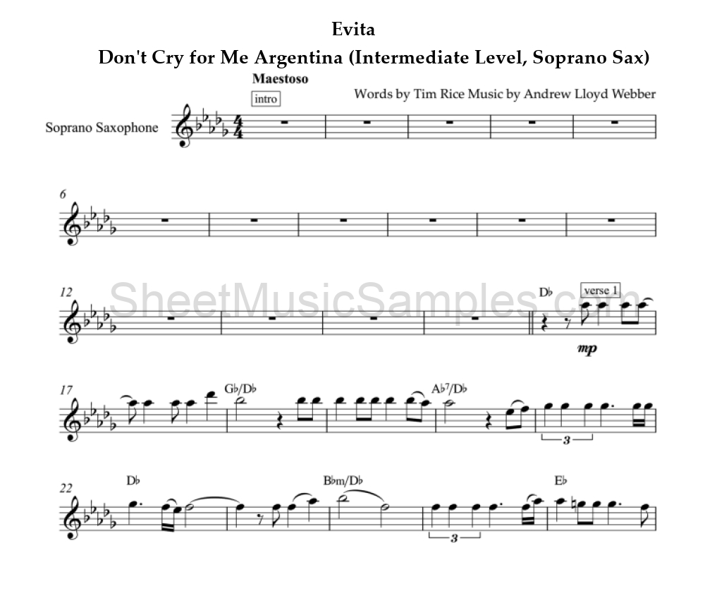 Evita - Don't Cry for Me Argentina (Intermediate Level, Soprano Sax)