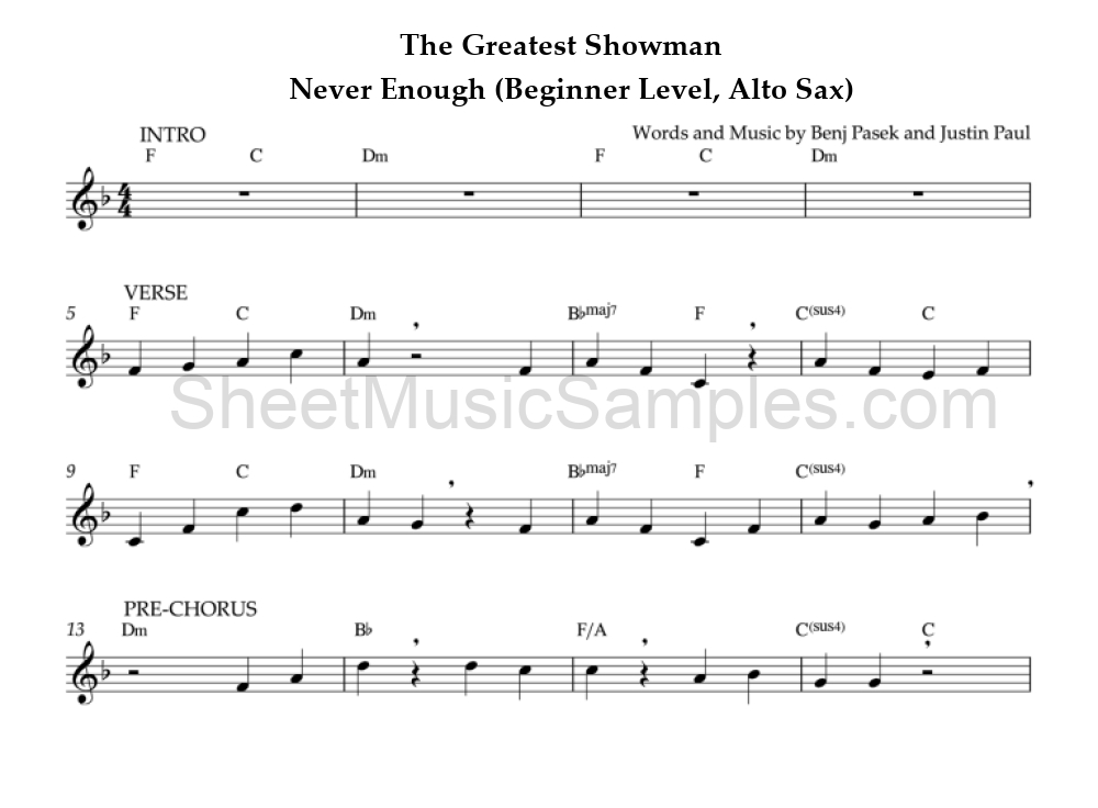 The Greatest Showman - Never Enough (Beginner Level, Alto Sax)