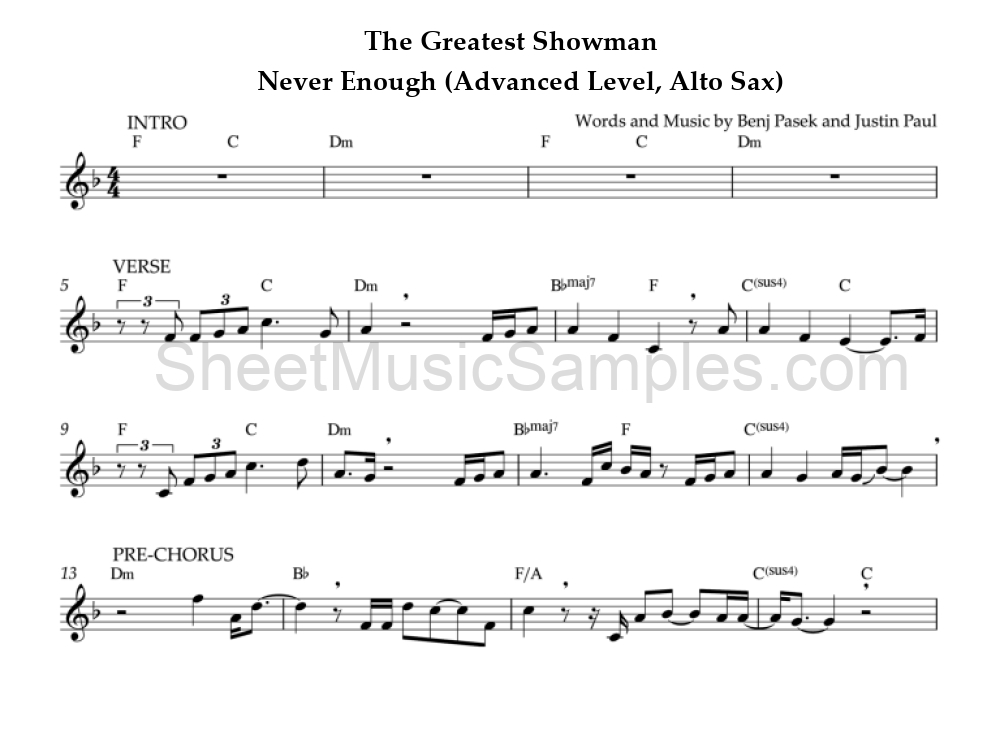 The Greatest Showman - Never Enough (Advanced Level, Alto Sax)