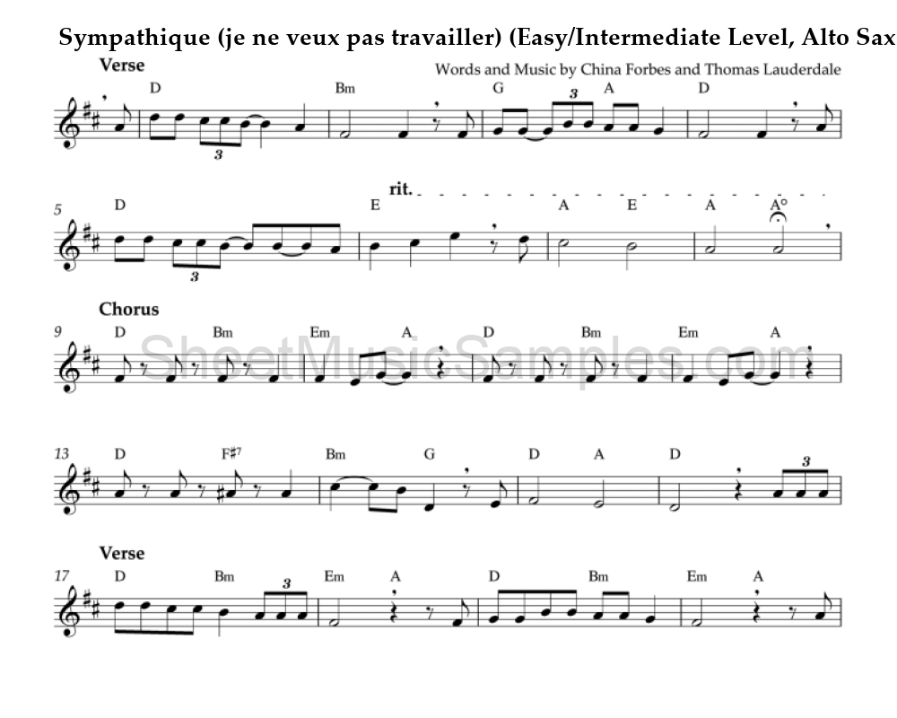 Sympathique (je ne veux pas travailler) (Easy/Intermediate Level, Alto Sax)